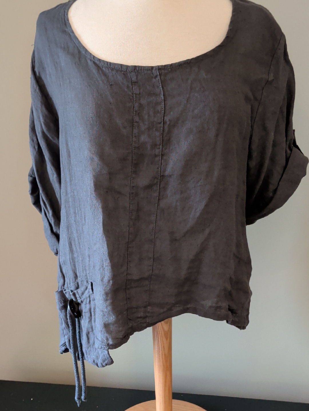 Made In Italy Womens Charcoal Linen Scoop Neck Top Size L